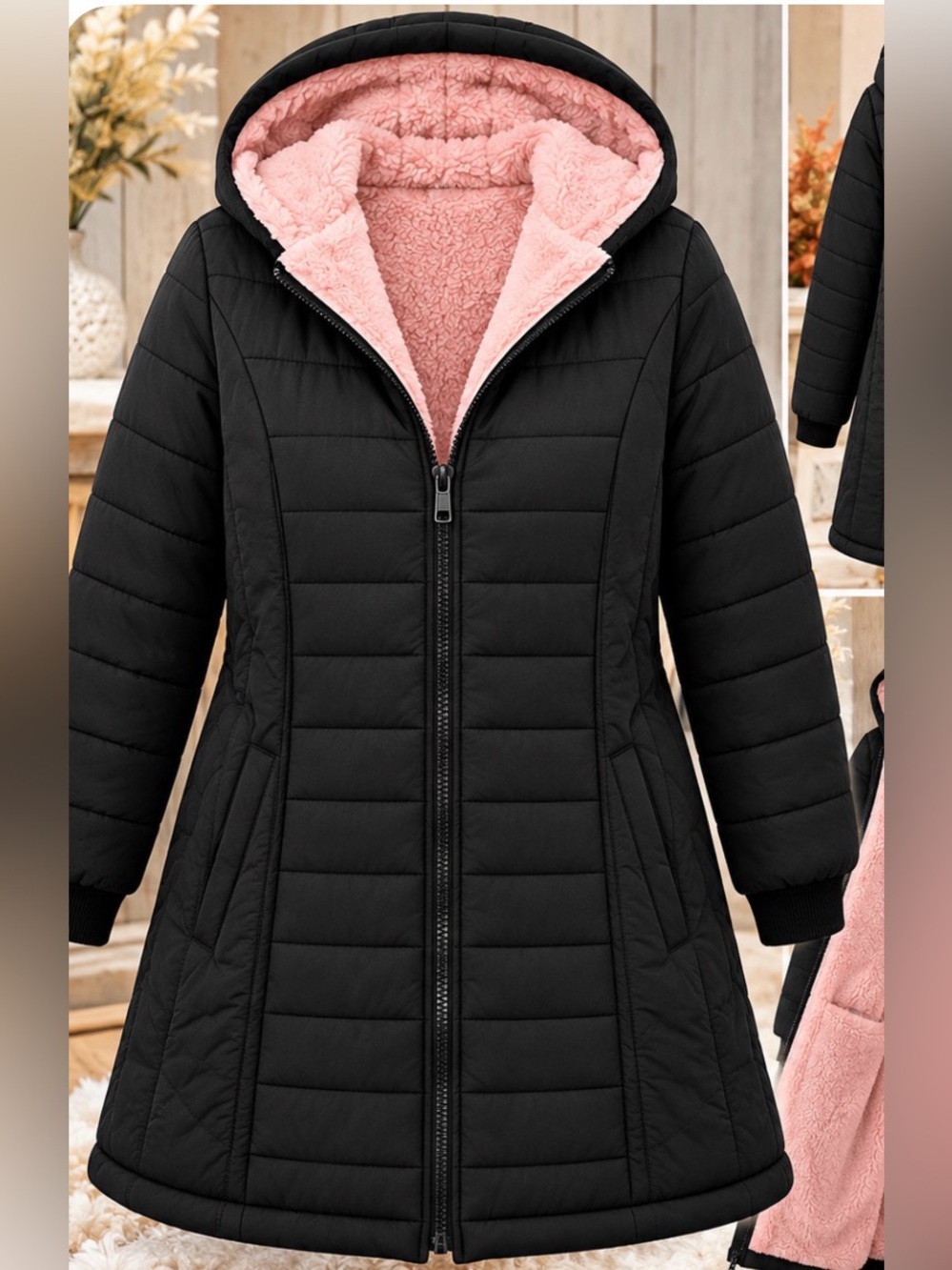 Woman  Black Plus Size 2XL Contrast Pink Thick Plush Lining Hooded Quilted Coat